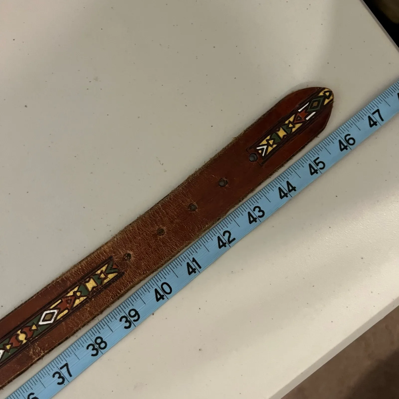 Brown Painted Tooled Southwestern Genuine Leather Brass Buckle Belt Size Large - Image 8