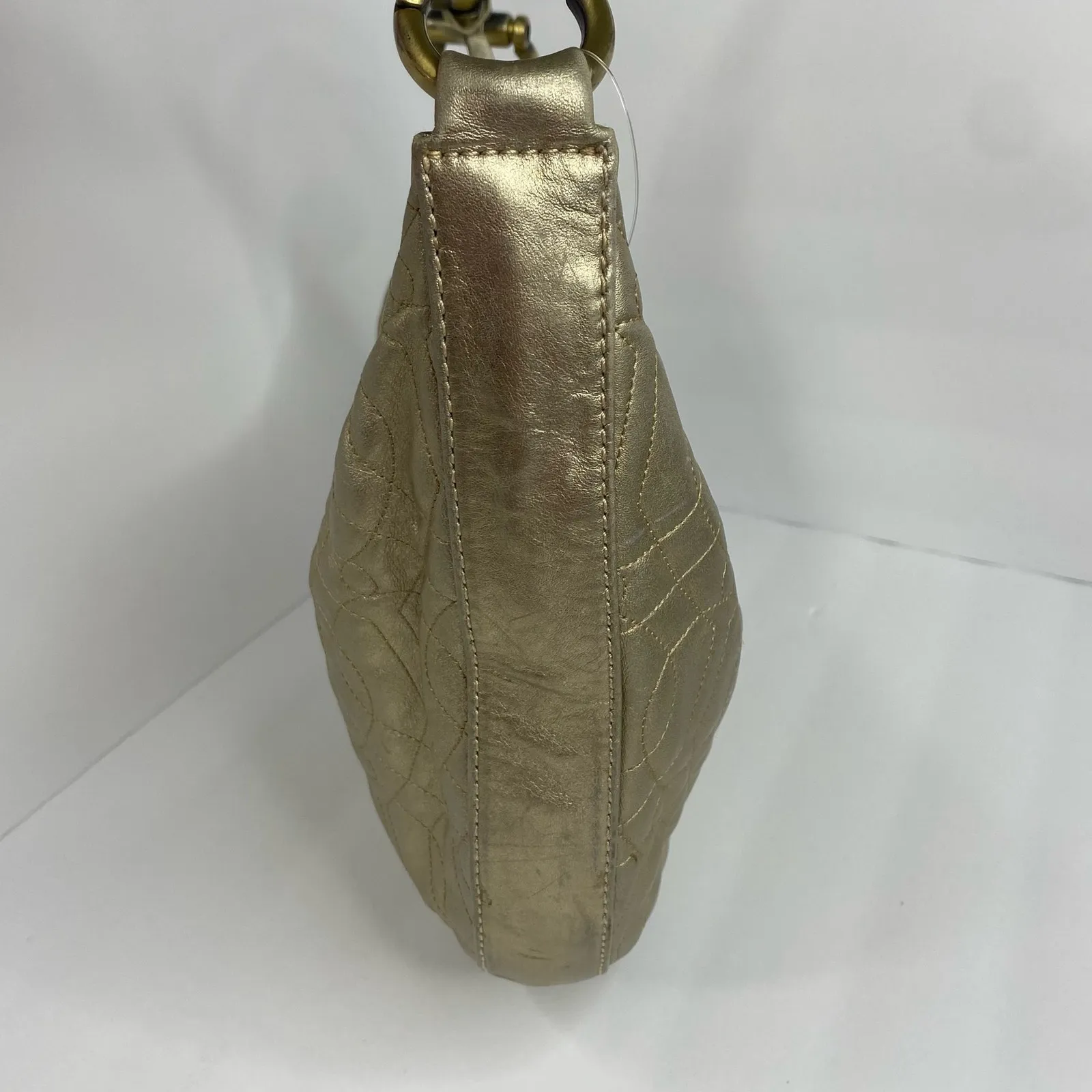 Donald J. Pliner Womens Metallic Gold Quilted Leather Hobo Shoulder Bag - Image 3