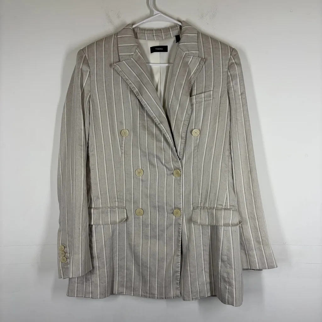 Theory Blazer Double Breasted Tailor Jacket Striped Linen Size 8 - Image 2