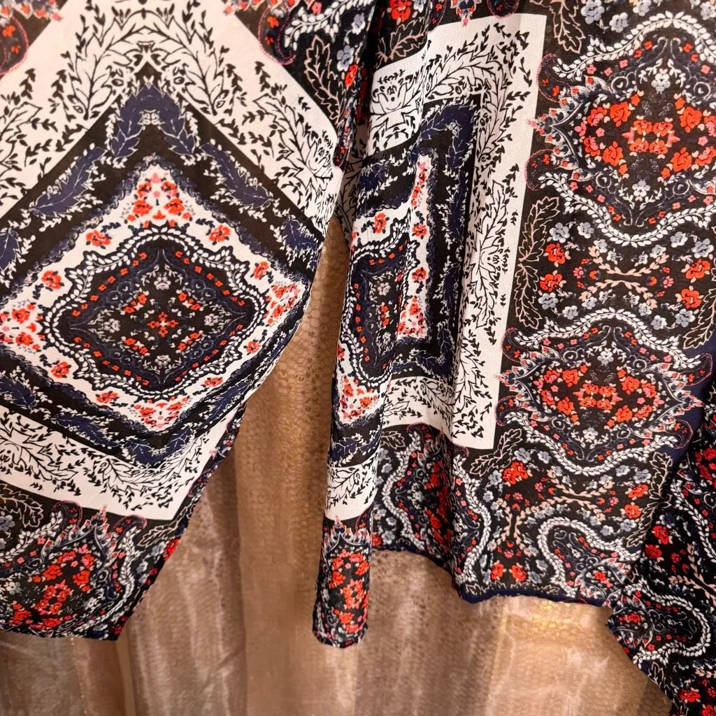 Maurices Red Navy Blue White Print Sheer Lightweight Boho Kimono L/XL - Image 6