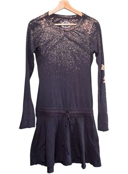 Black Long Sleeve Drawstring Waist Dress with Floral and Bleach Splash Design - Image 1