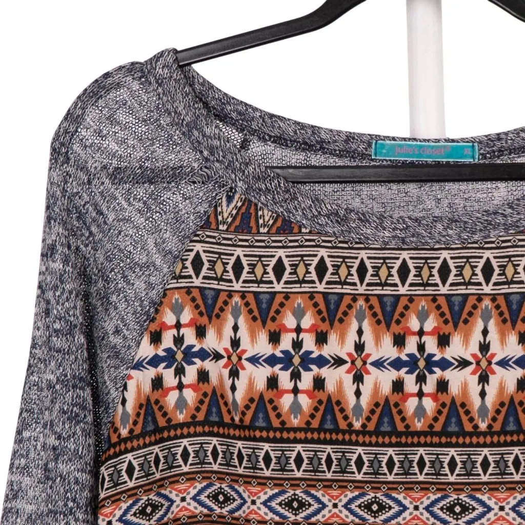 Mixed Material Sweater XL VTG Raglan Knit Mixed Geometric Blue Orange Southwest - Image 2