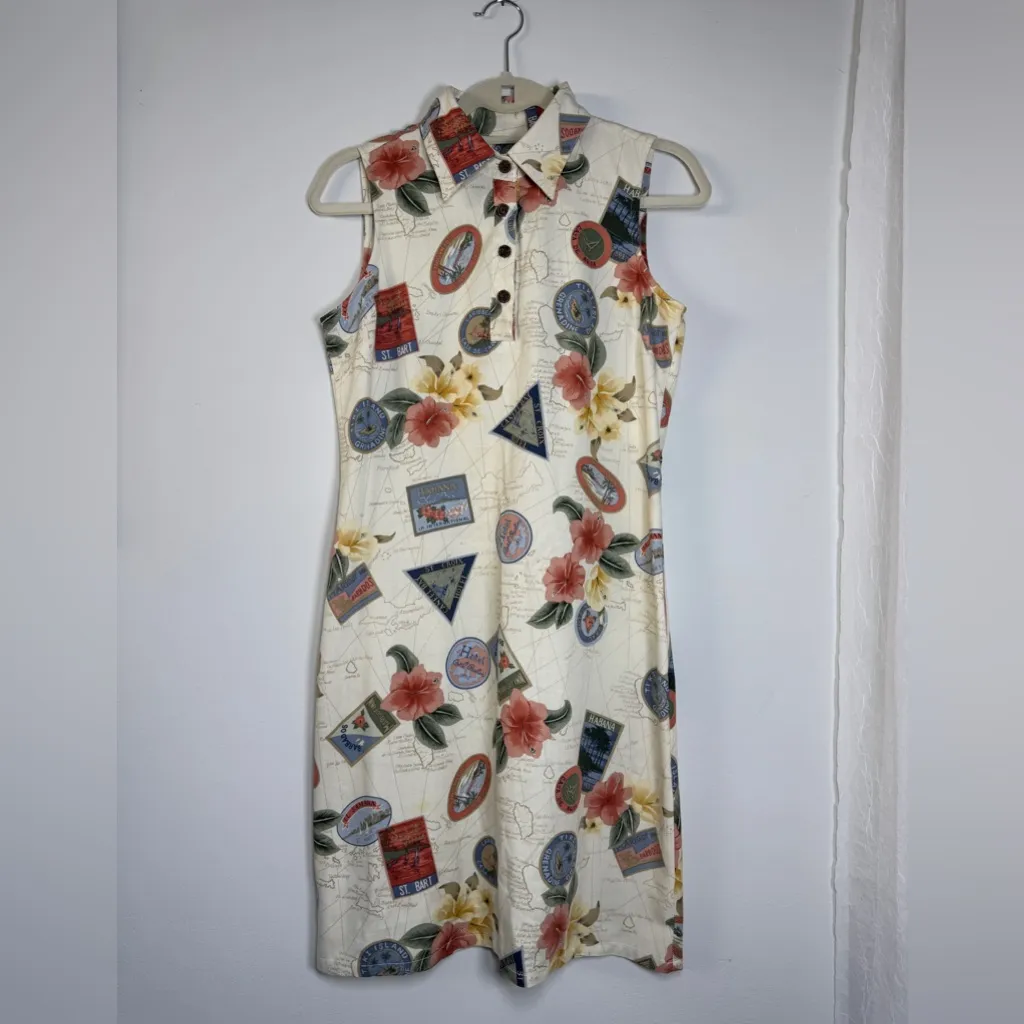 Vintage ‘90s Caribbean Joe Island Novelty Print Collared Sleeveless Mini Dress - Image 3