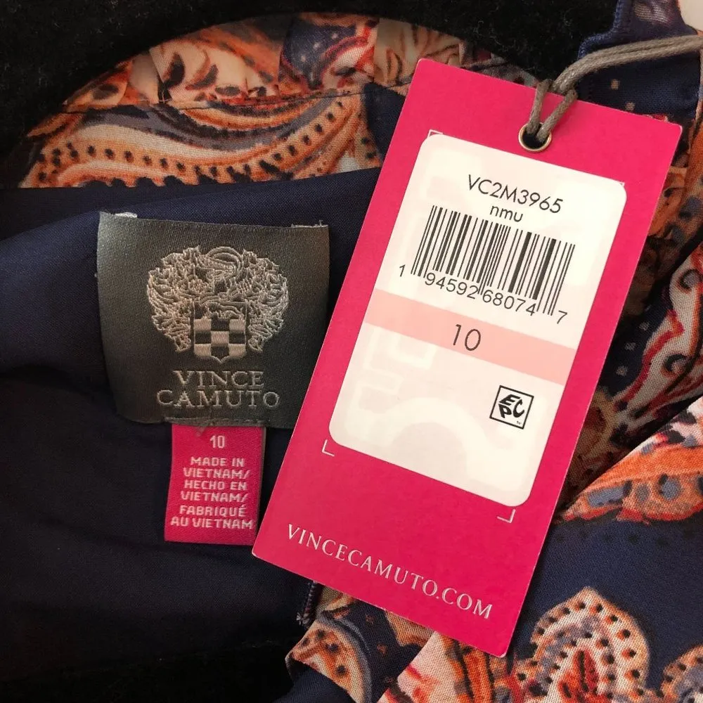 Vince Camuto Womens Long Sleeve Printed Ruffle Neck Dress Red Navy Blue 10 - Image 4