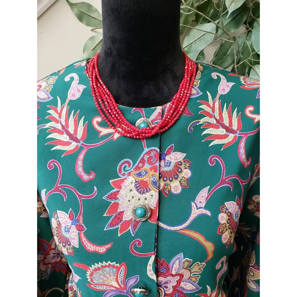 Vintage Kristy Michaels Knee Length Dress 12 Green Floral Button Front Zip back - Image 5