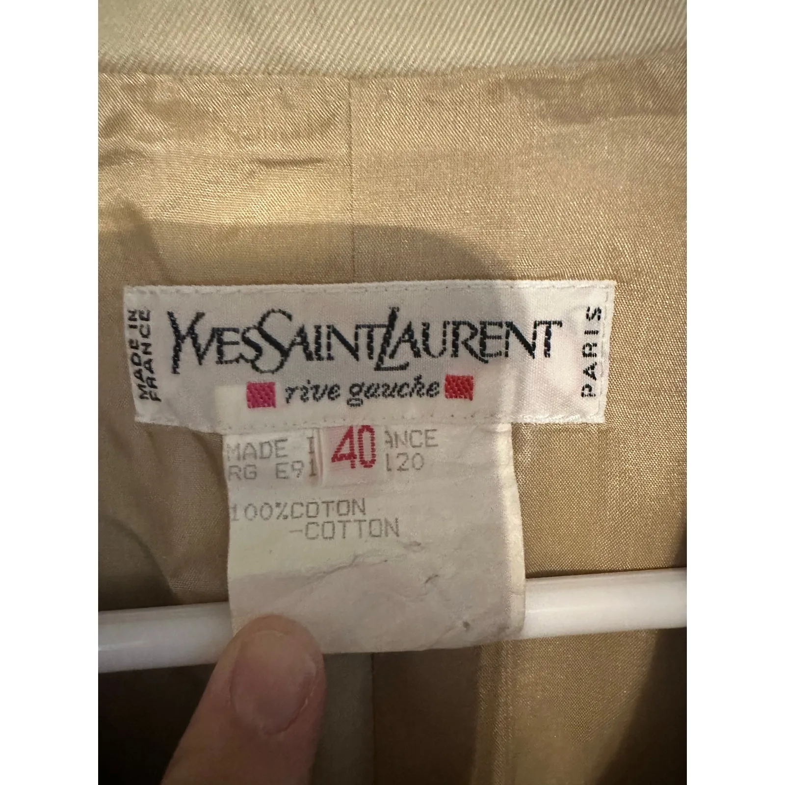 YVES SAINT LAURENT Tan Beige Vintage Gold Button Studded 100% Cotton Blazer 40 - Image 5