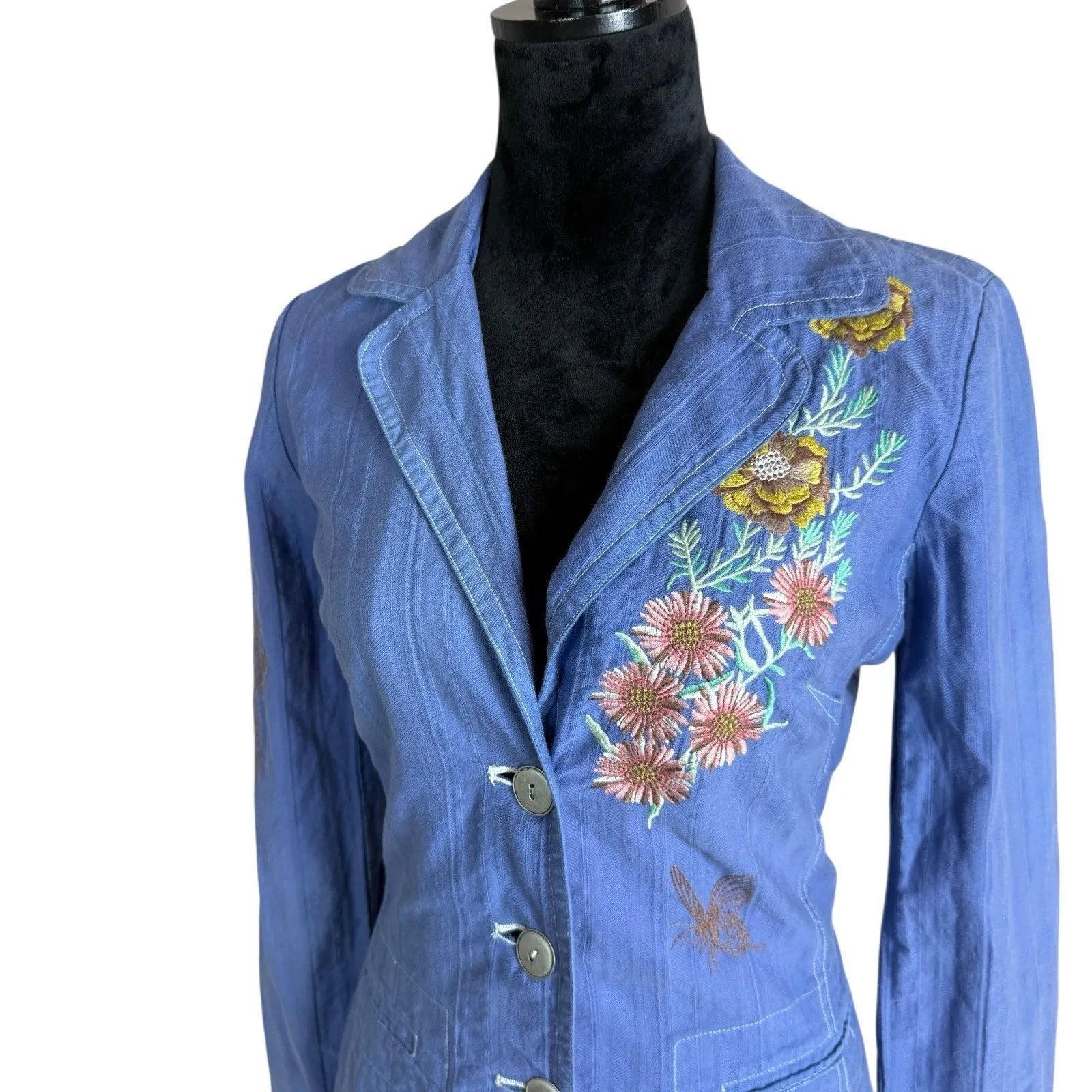 JOHNNY WAS Blue Floral Embroidered Jacket Button Small Boho Whimsy - Image 2