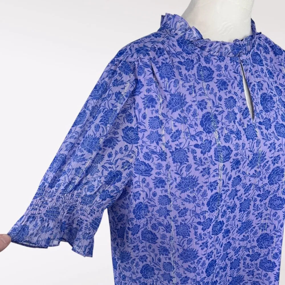 J.Crew Floral Blouse Ruffle Neck Keyhole Front Flowy Sleeve Medium - Image 7