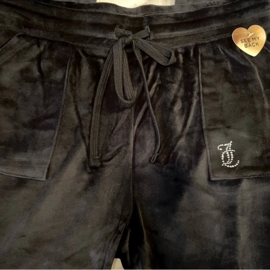 JUICY COUTURE Bling Y2K Black Velvet Fleece Rhinestone Embellished Pants XL - Image 5