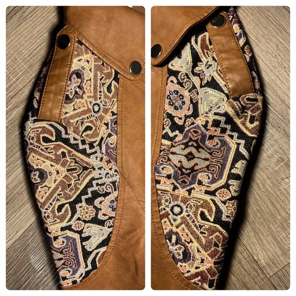 Chico’s Petite Faux-Leather Jacquard Moto‎ Jacket Size Small Southwestern - Image 6