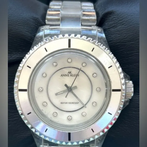 Anne Klein Clear Resin Link Watch Mother of Pearl Dial Crystal Markers - Image 4
