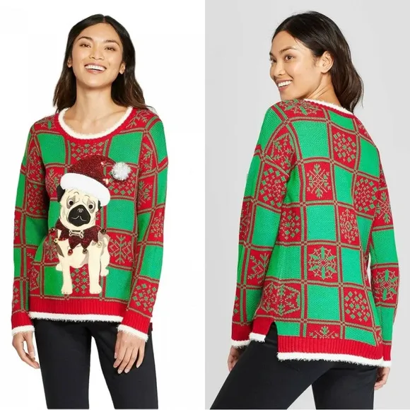33 Degrees Plaid Pug Dog Puppy Bells Ugly Christmas Knit Sweater Red Green Size M - Image 2