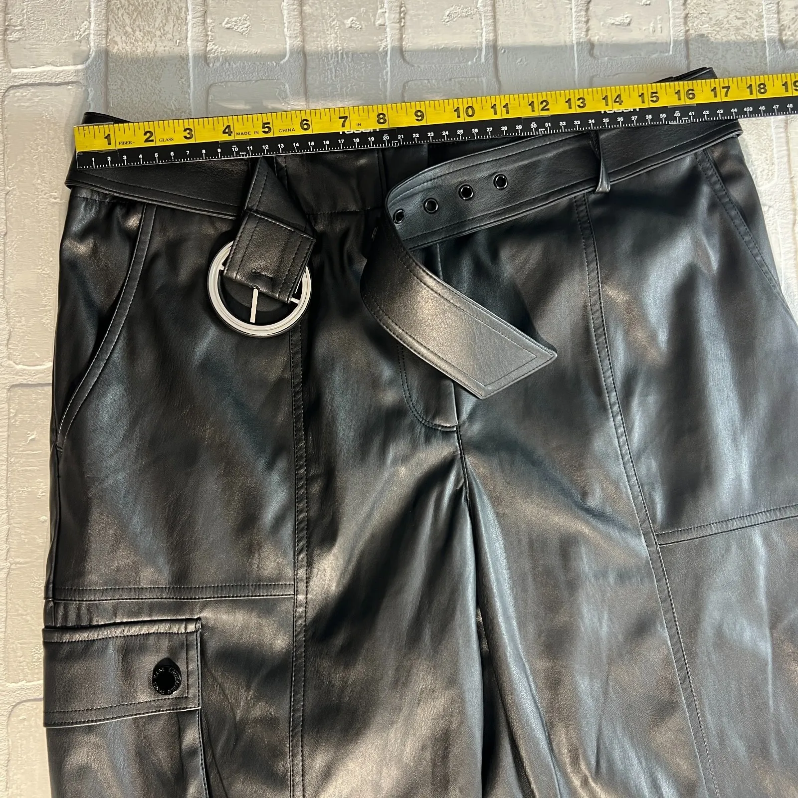 Karl Lagerfeld Faux Leather Cargo Pants Womens 12 Black Belted Straight Leg New‎ - Image 2