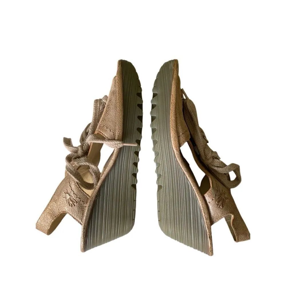 Fly London Yfla leather lace up tan gold wedge sandals women's size 38 7.5-8 - Image 4