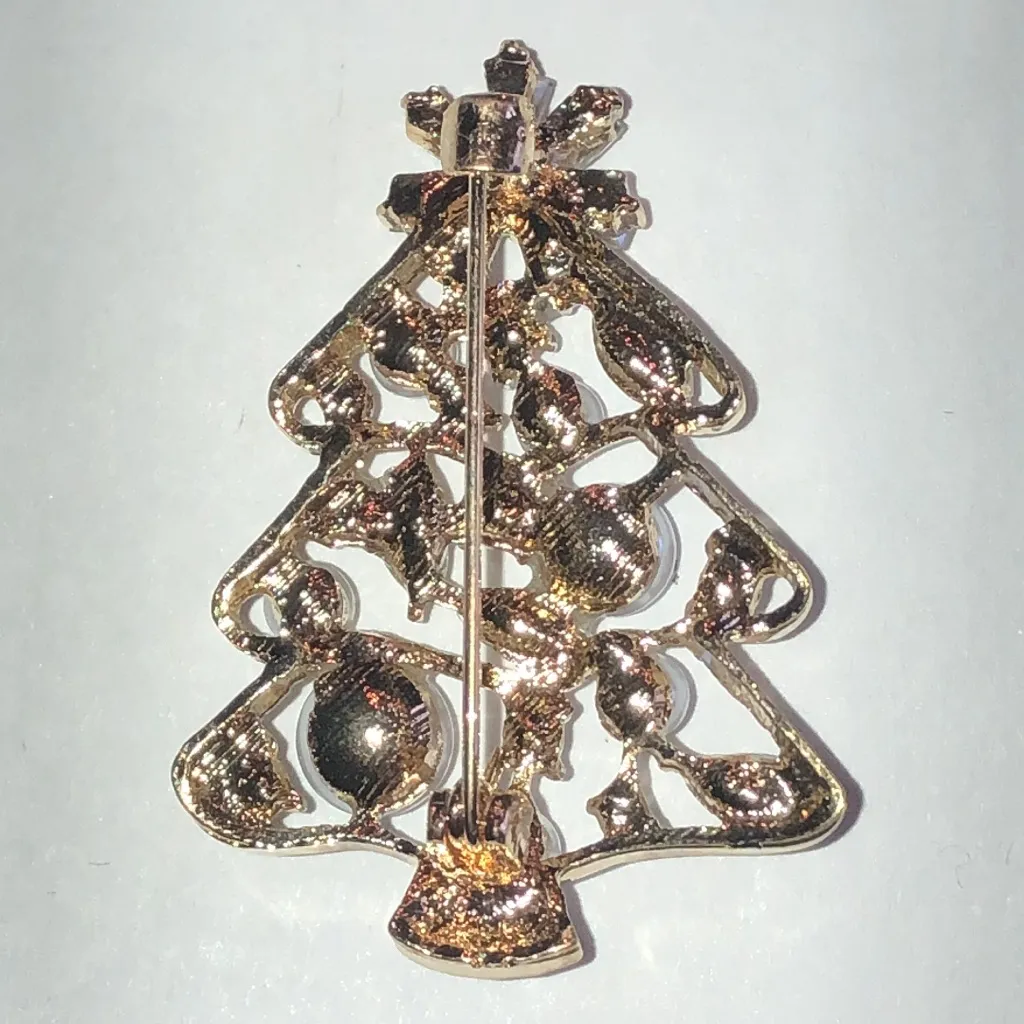 Elegant Gold Tone Faux Pearl Rhinestone Christmas Tree Brooch - Image 4