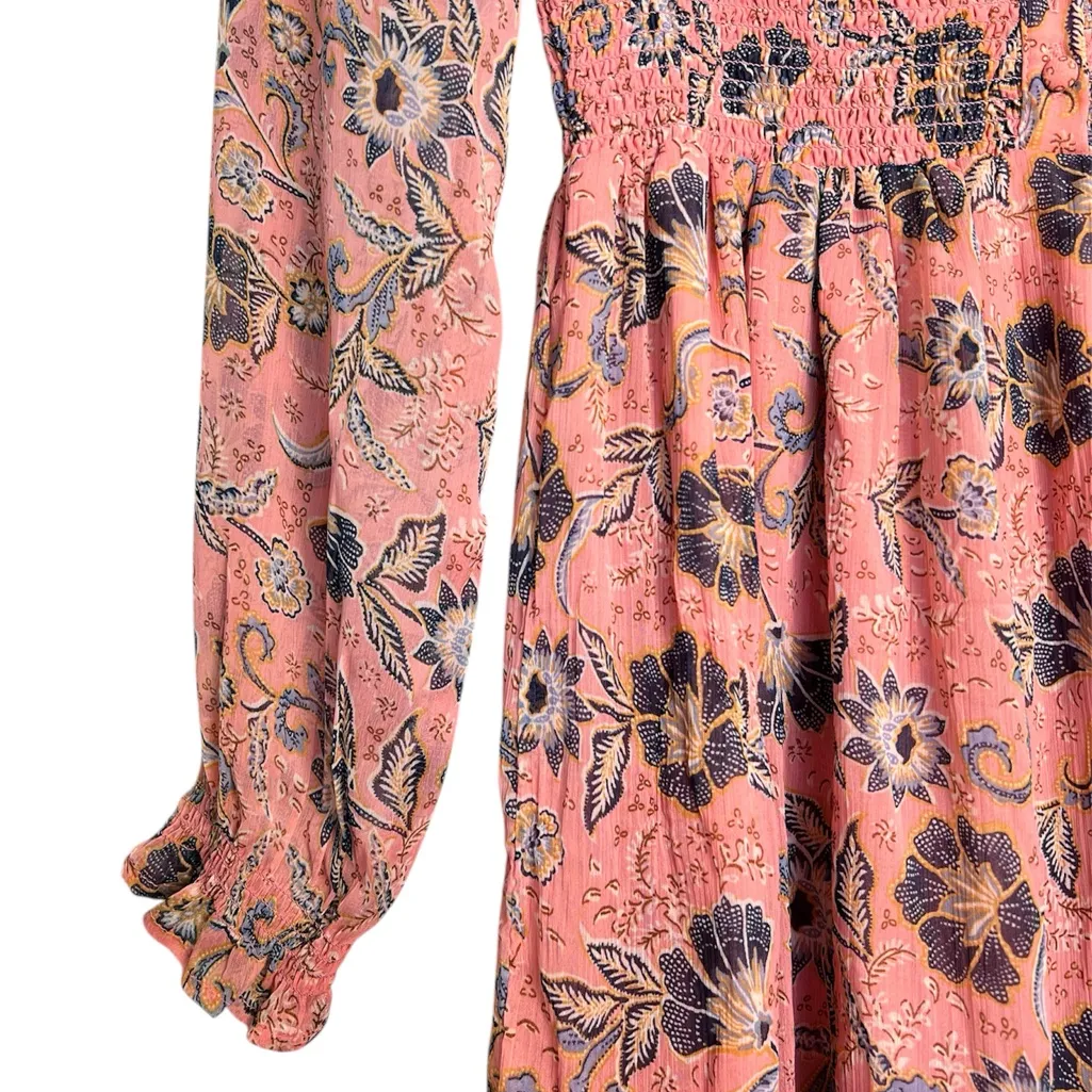 Patrons of Peace Pastel Pink Floral Boho Smocked Long‎ Sleeves Maxi Dress Medium - Image 5