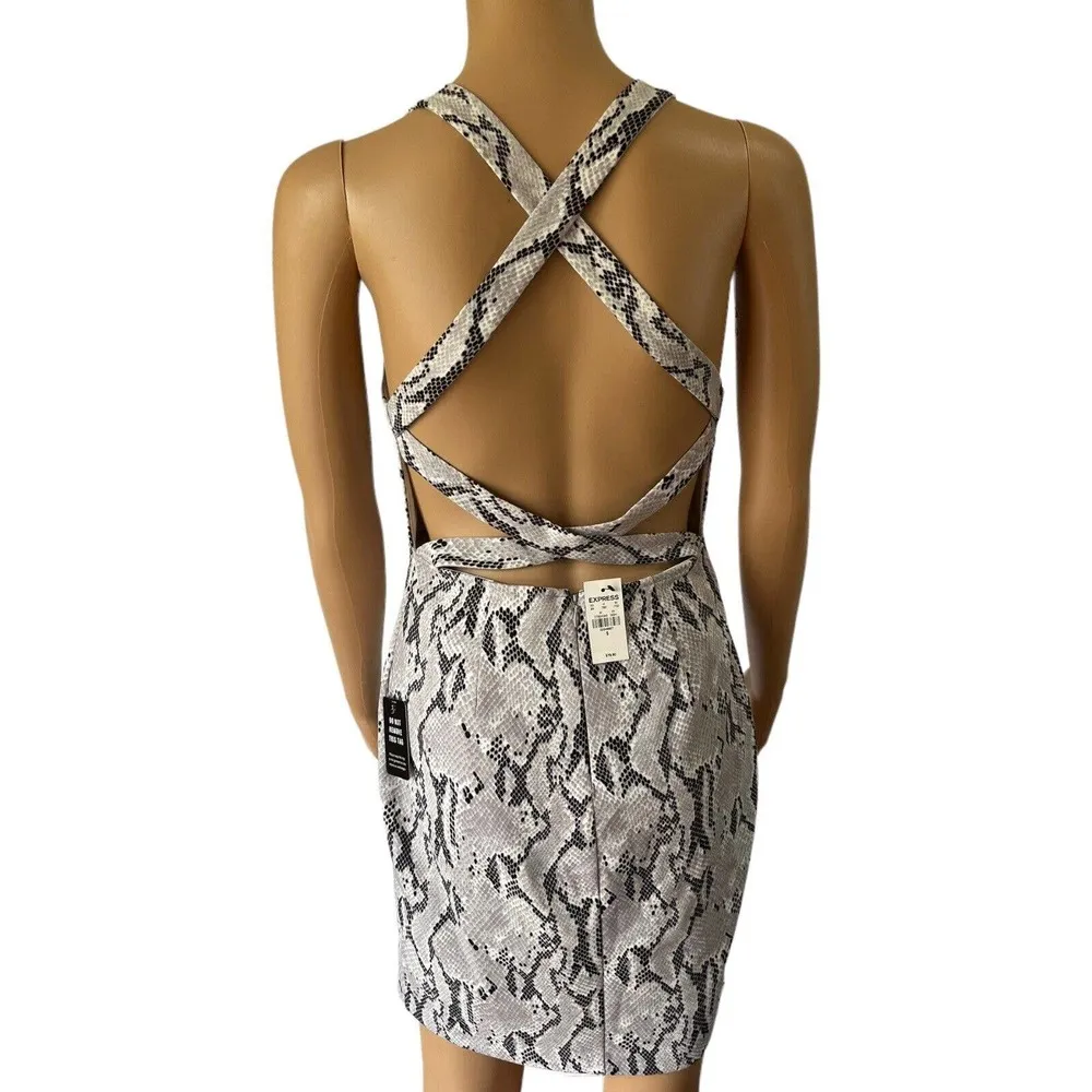 NWT Express Gray Snakeskin Print High Neck Open Back Fitted Mini Dress Small - Image 3