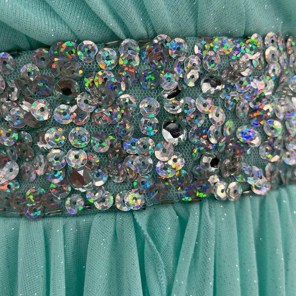 Sequin Hearts Babydoll Fairy Y2K Dress Sz 3 Mint Coquette Sparkle Strapless Gala - Image 3