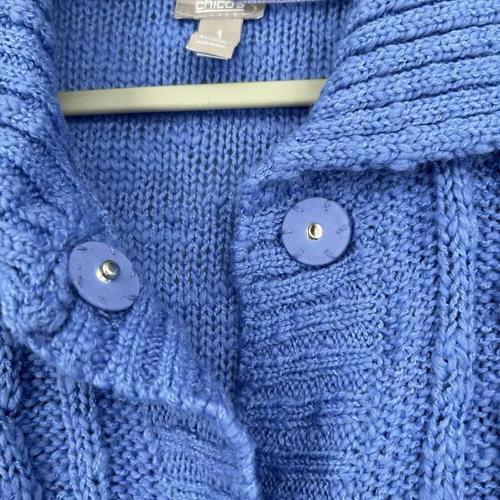 Chicos Cable Knit Cardigan Sweater Blue Wool Blend Snap Close Collared 1 Size M - Image 3