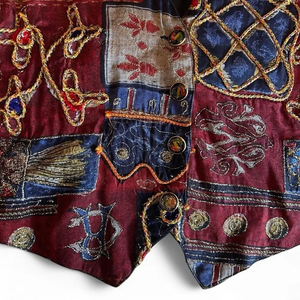 Vintage 80s Baroque Tapestry Vest - Boho Embroidered Gold Statement Piece (S) - Image 2