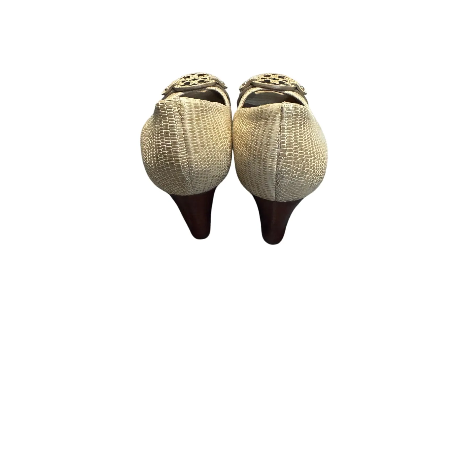 Tory Burch Beige Lizard-Embossed Peep-Toe Wedge Heels Size 6.5M Heel 2.5” - Image 4