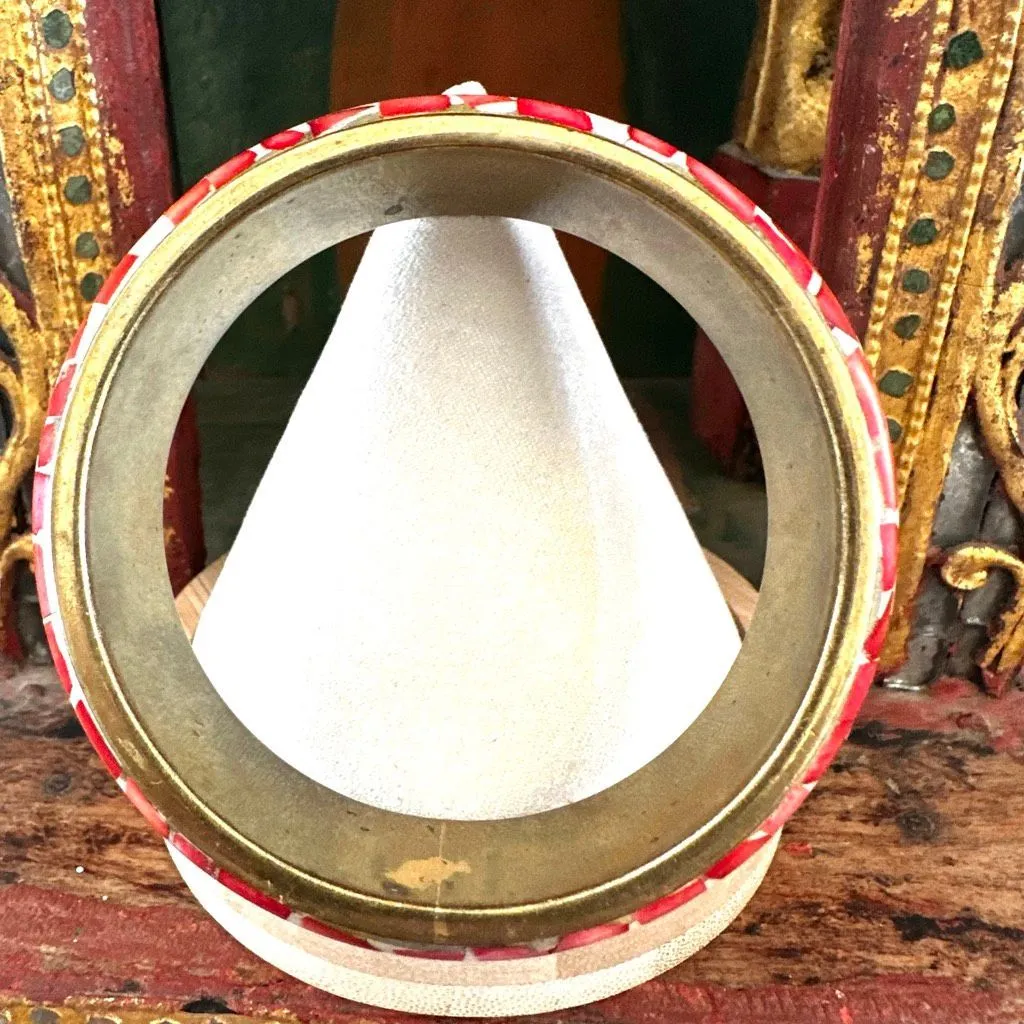 Vintage Brass & Red Shell Mosaic Bangle Bracelet - Image 3