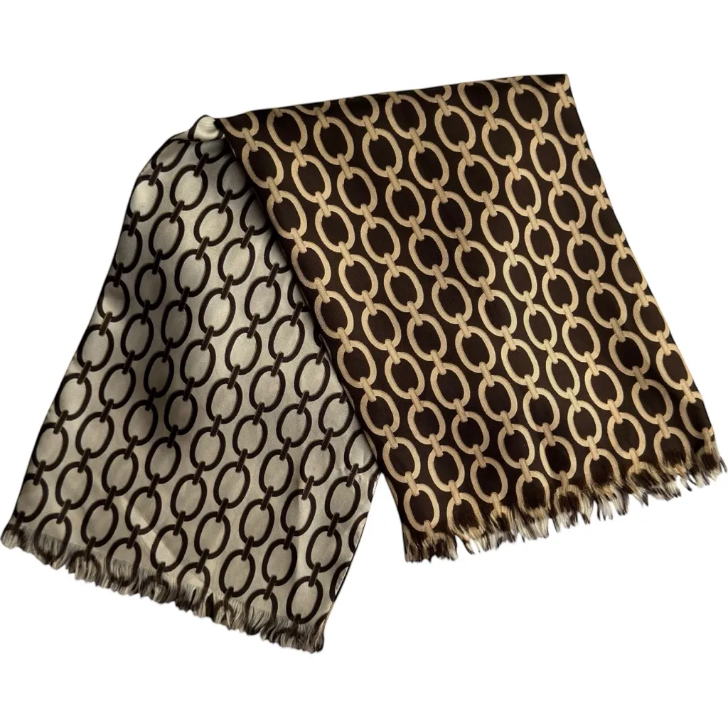 Loft Silk Patterned Scarf Wrap Shawl Double Sided Brown Beige Tan Women’s - Image 9