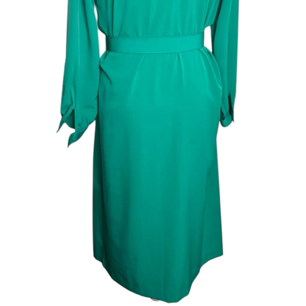 80’s Emerald Green Secretary 8 Dress Hana Sung Long Sleeved Belted Shirtdress - Image 9