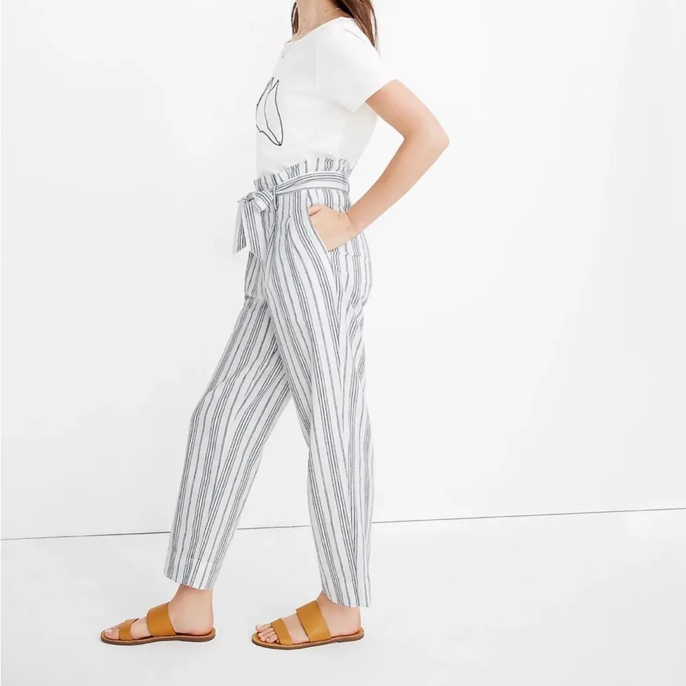 Madewell Linen-Cotton Paperbag Pants in Dark Baltic Stripe Size 8 EUC - Image 2