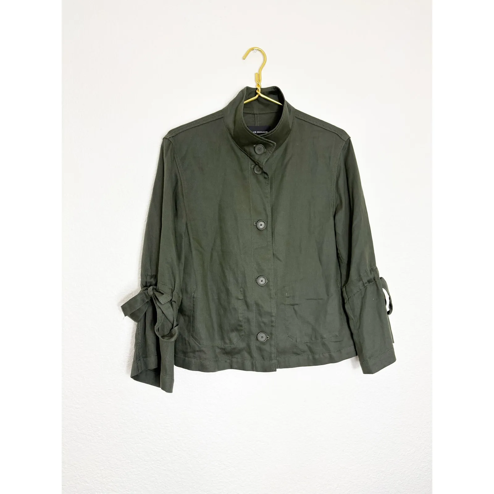 Club Monaco Hardy Top Shirt Jacket Size Small Olive Green Funnel Neck Linen - Image 2