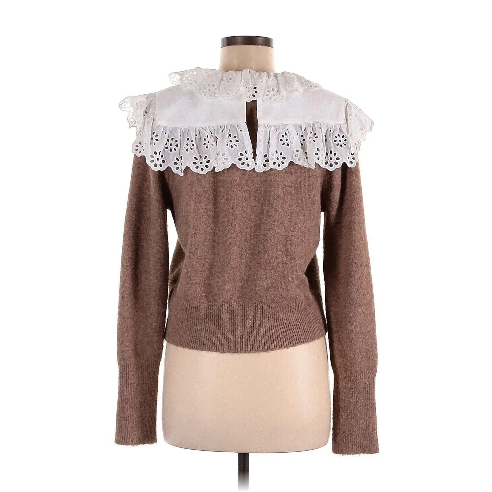 ZARA Brown White Combination Eyelet Collar Wool Blend Sweater - M - Image 2