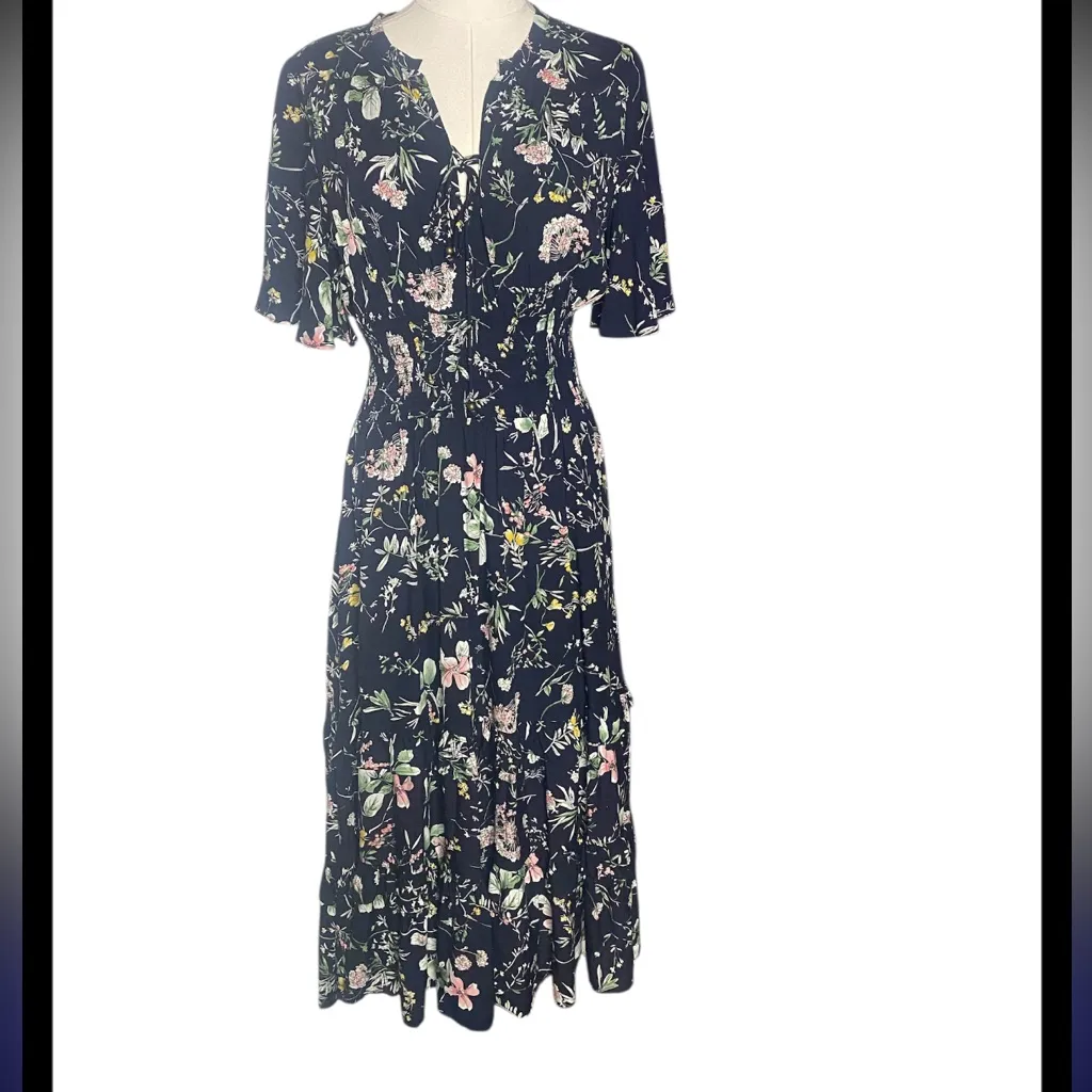 BALTIC BØRN Spell Boho Navy Floral VNeck Smocked Tiered Maxi/Midi Dress 
M BNWOT - Image 7