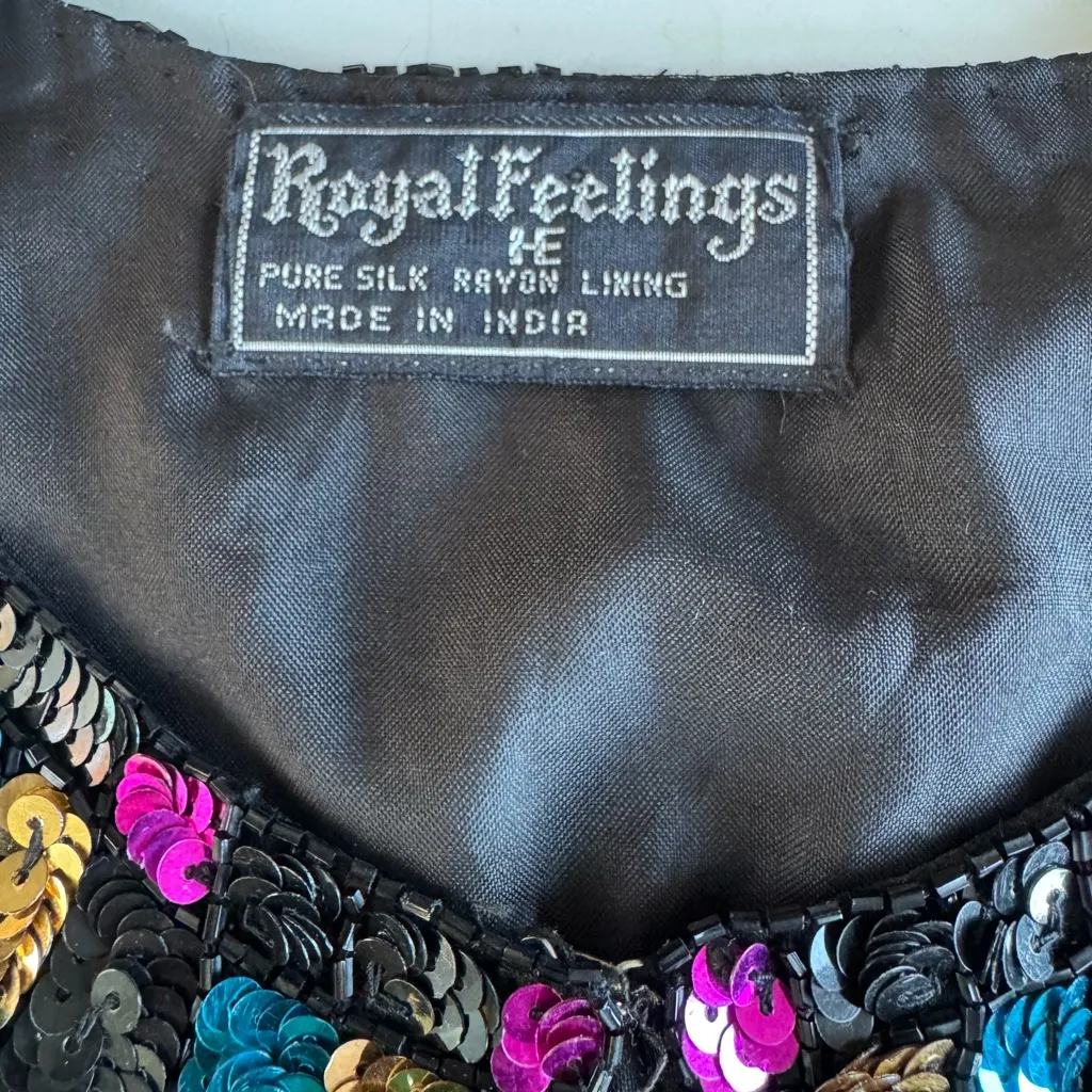 Vintage Royal Feelings Black Silk Beaded Sequin Jacket Jewel Tones Size Medium - Image 6