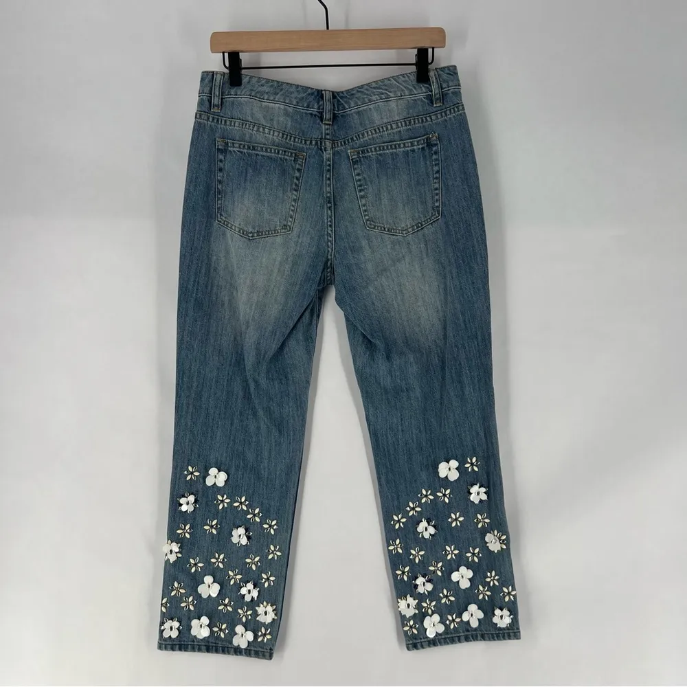 Michael Kors Light Wash Denim Embellished‎ Floral Sequined Jeans Cropped Cotton - Image 3