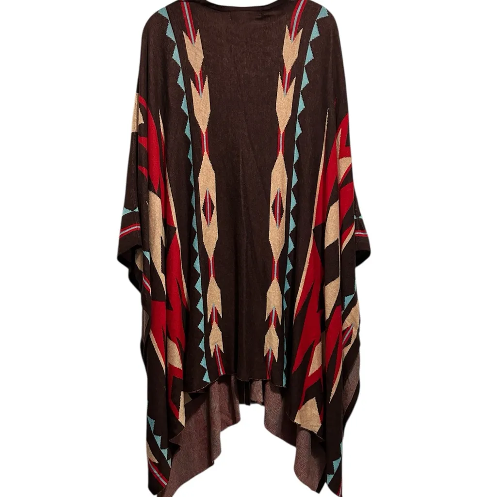 Rancho Estancia Western Aztec Print Shawl Poncho Red - Image 3
