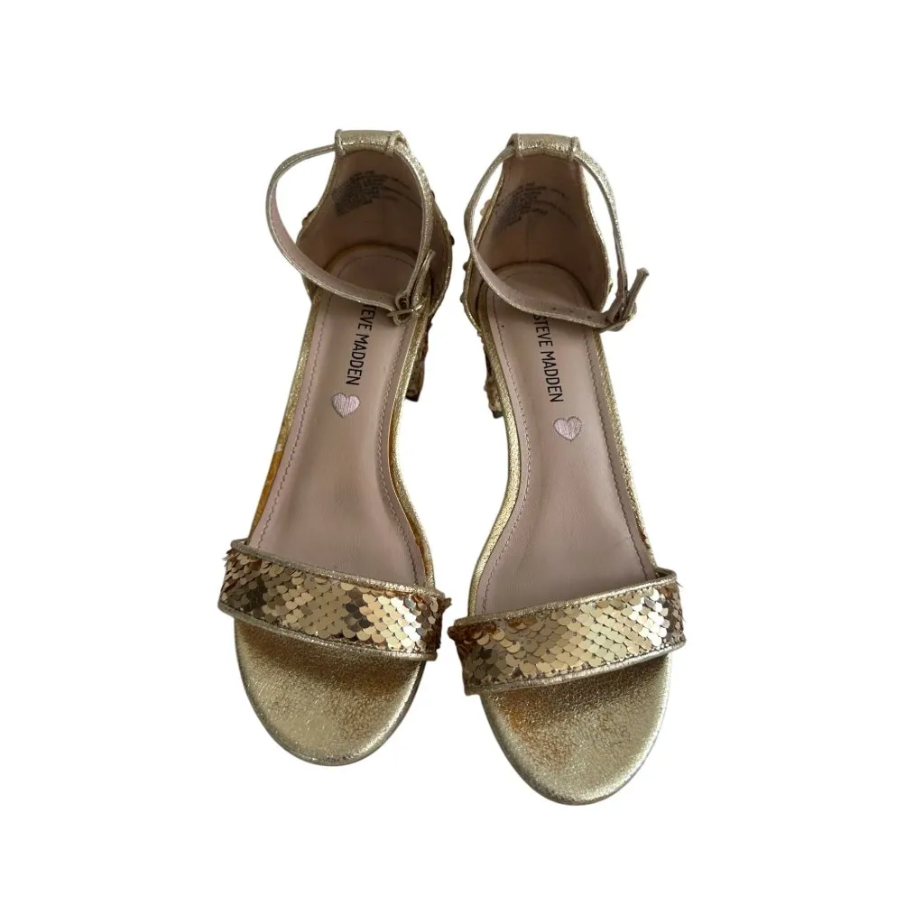 STEVE MADDEN Girls Gold Sequined Kitten Heels Sandals Size 4 - Image 3