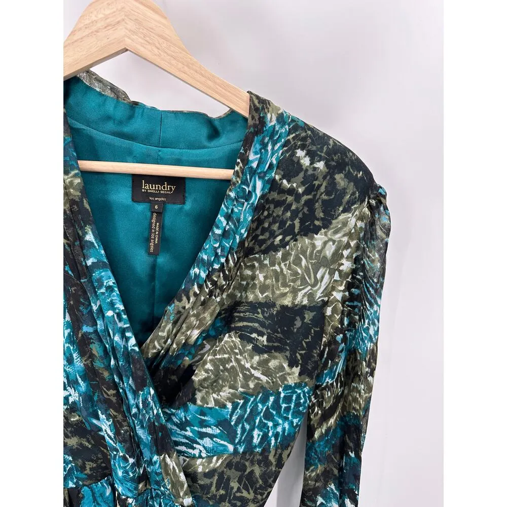 Laundry by Shelli Segal Women's Size 6 Blue Green Print Surplice 100% Silk - Image 4