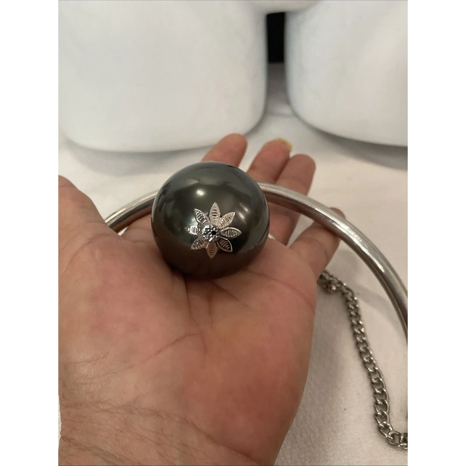 Estate Fabulous Huge Luminescent Faux Gray Pearl Rhinestone Statement Necklace - Image 4