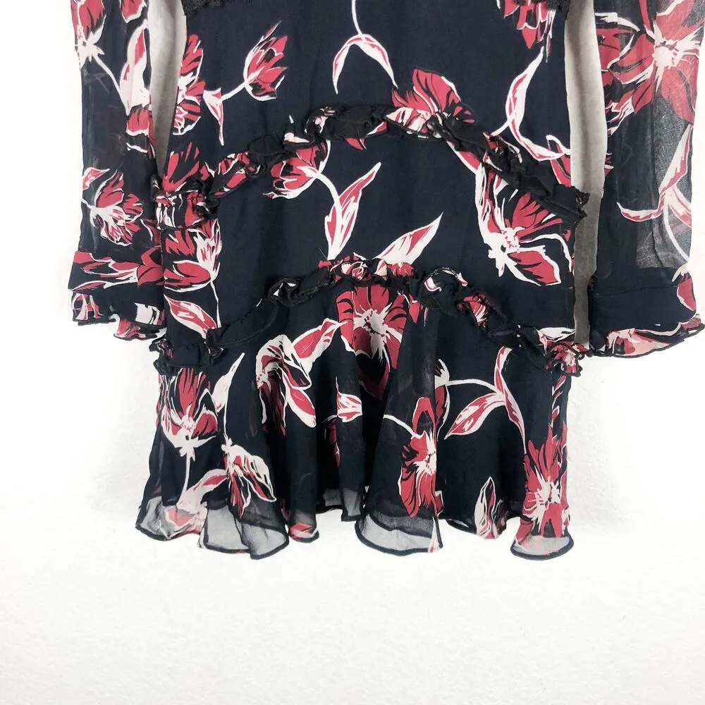 Nicholas French Floral Mini Dress Size 2 Silk Long Sleeve Ruffle Aline High Neck - Image 12