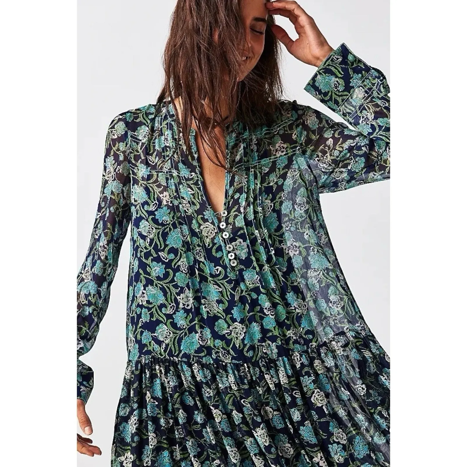 Free people Bohemian See it through Maxi Dress Twilight Floral Retro 70s Large - Image 11