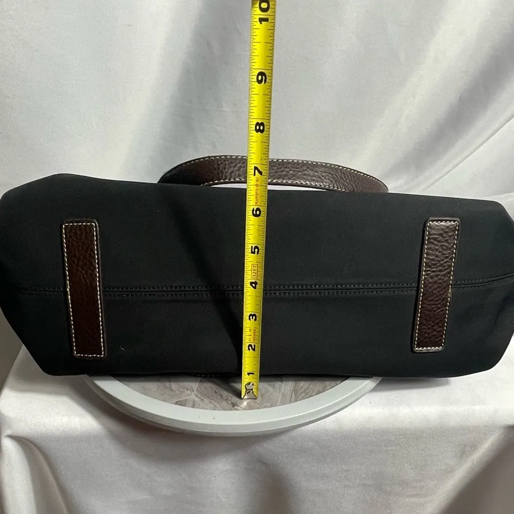 CHAPS Black Nylon Tote Bag Brown Faux Leather Trim Horse Stirrup Charm 13x10 - Image 9