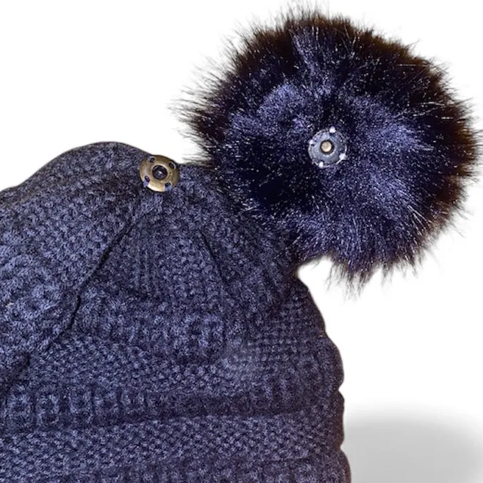 QUEENFUR Women Knit Slouchy Beanie Chunky hat with Faux Fur detachable Pom Blue - Image 2