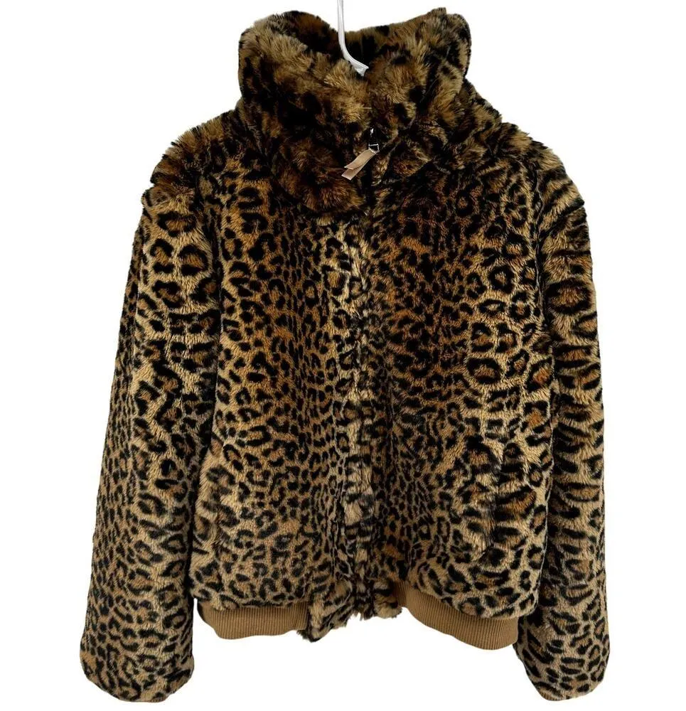 Generation Love Heidi Bomber Jacket Leopard Print Faux Fur Pockets Brown Large - Image 2