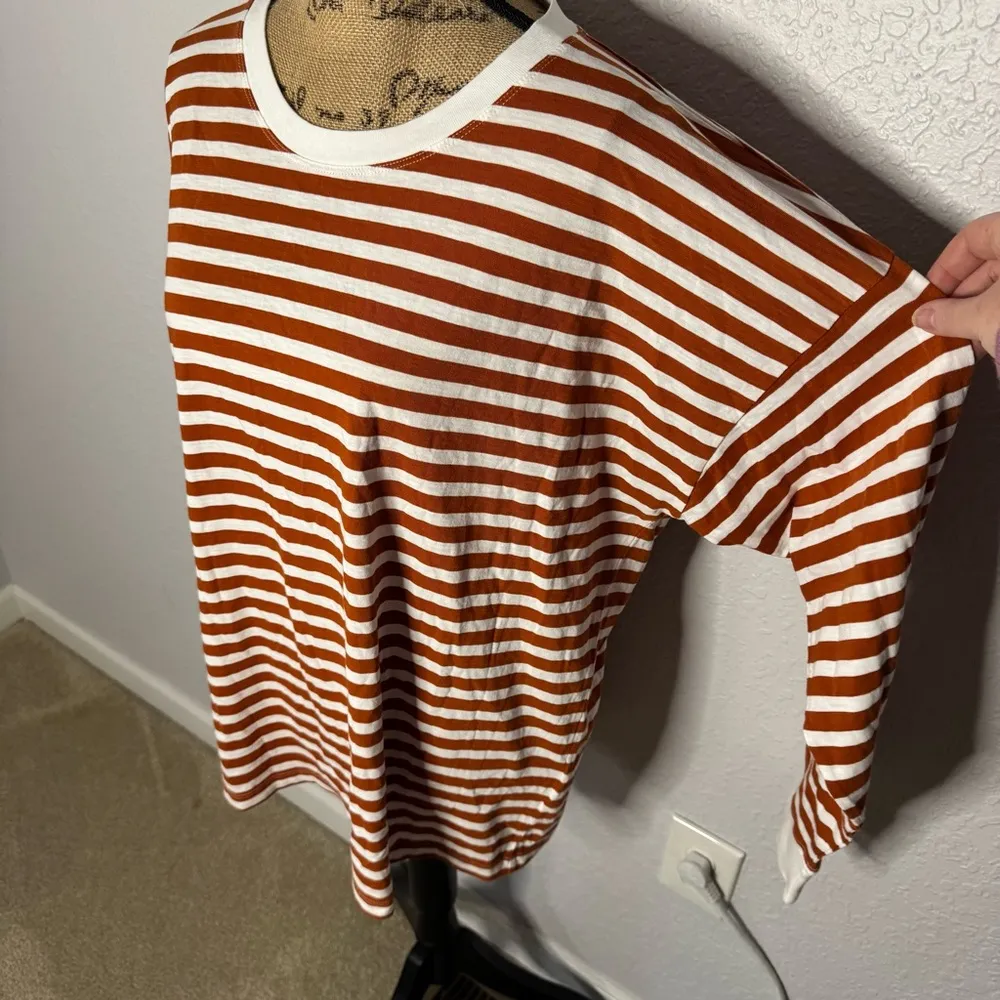 J Crew Factory Orange Long Sleeve Striped Tee Size 2XL Cotton Crew Neck Casual White - Image 2