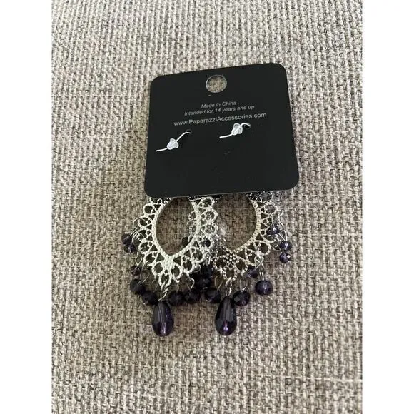Paparazzi dangly earrings‎ silver with purple beads. - Image 4