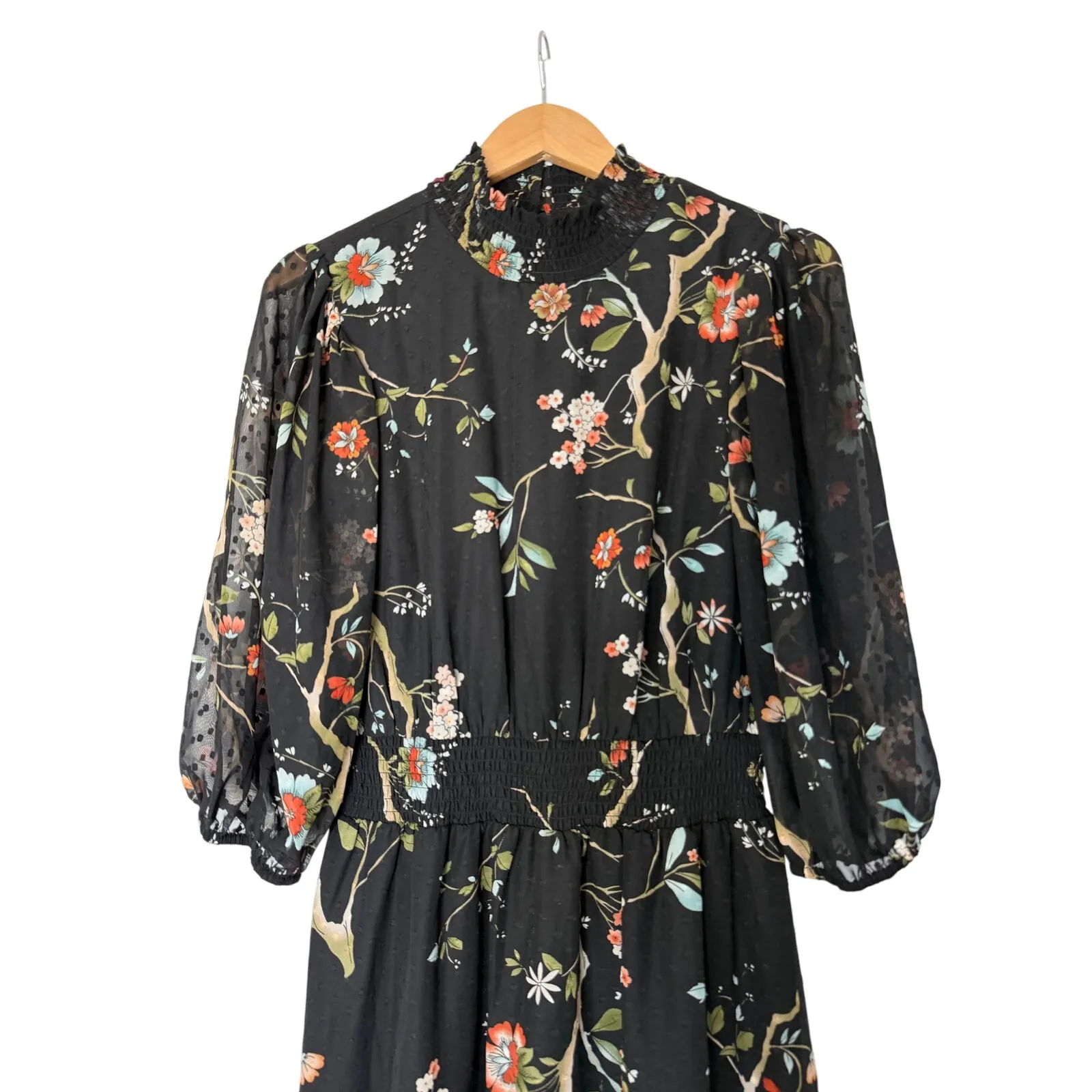 NANETTE NANETTE LEPORE Dress Size 8 Floral High Low Midi in Black Smocked Waist - Image 5