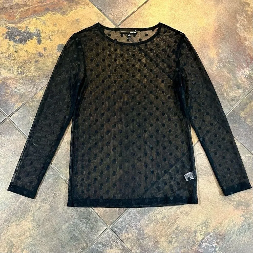 Liv By Habitat Clothes Mesh Sheer Long Sleeve Polka Dot Top Small Black - Image 4