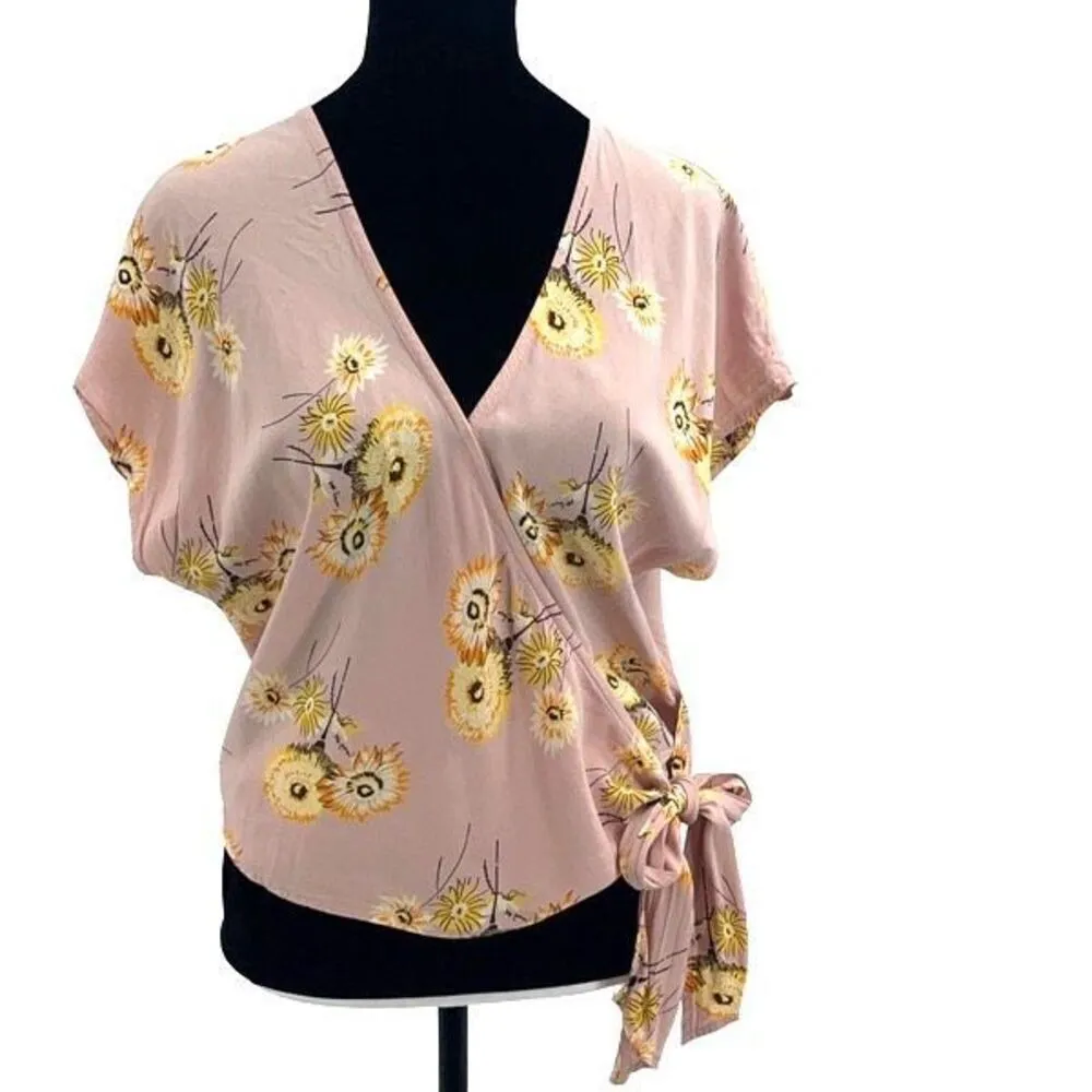 Madewell‎ Womens Dolman Sleeve Floral Sash Tie Wrap Crop Blouse Top Pink Medium - Image 2