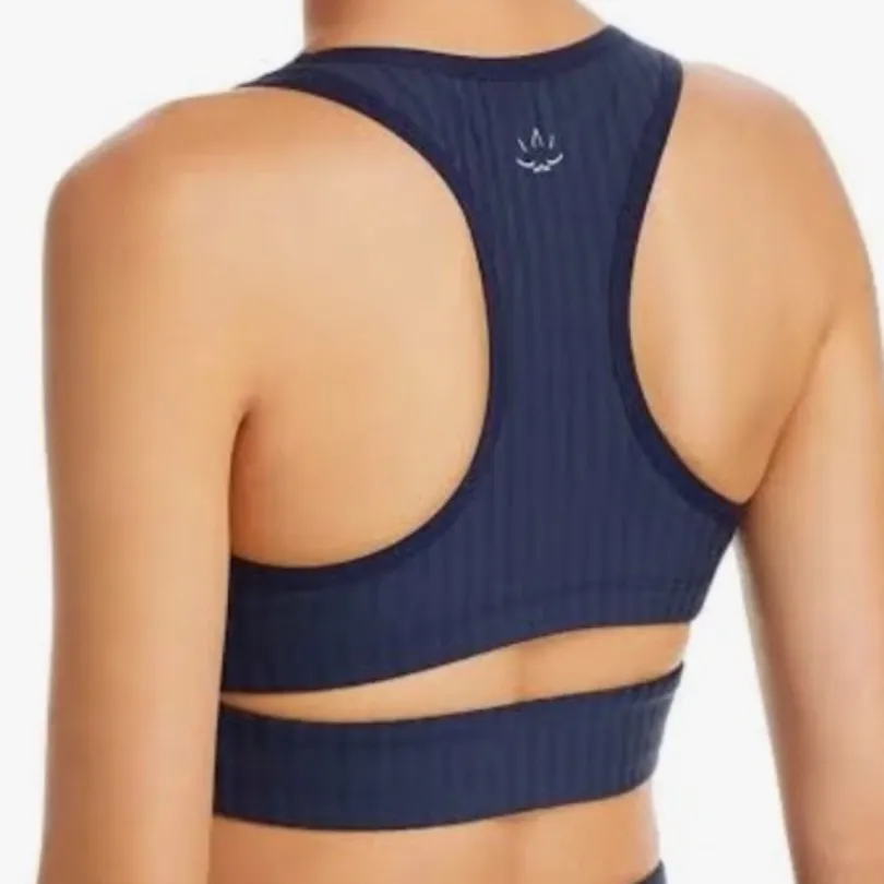 Like New Beyond Yoga Work It Over Long Line Sports Bra Navy Stripe XL Retail $70 - Image 6