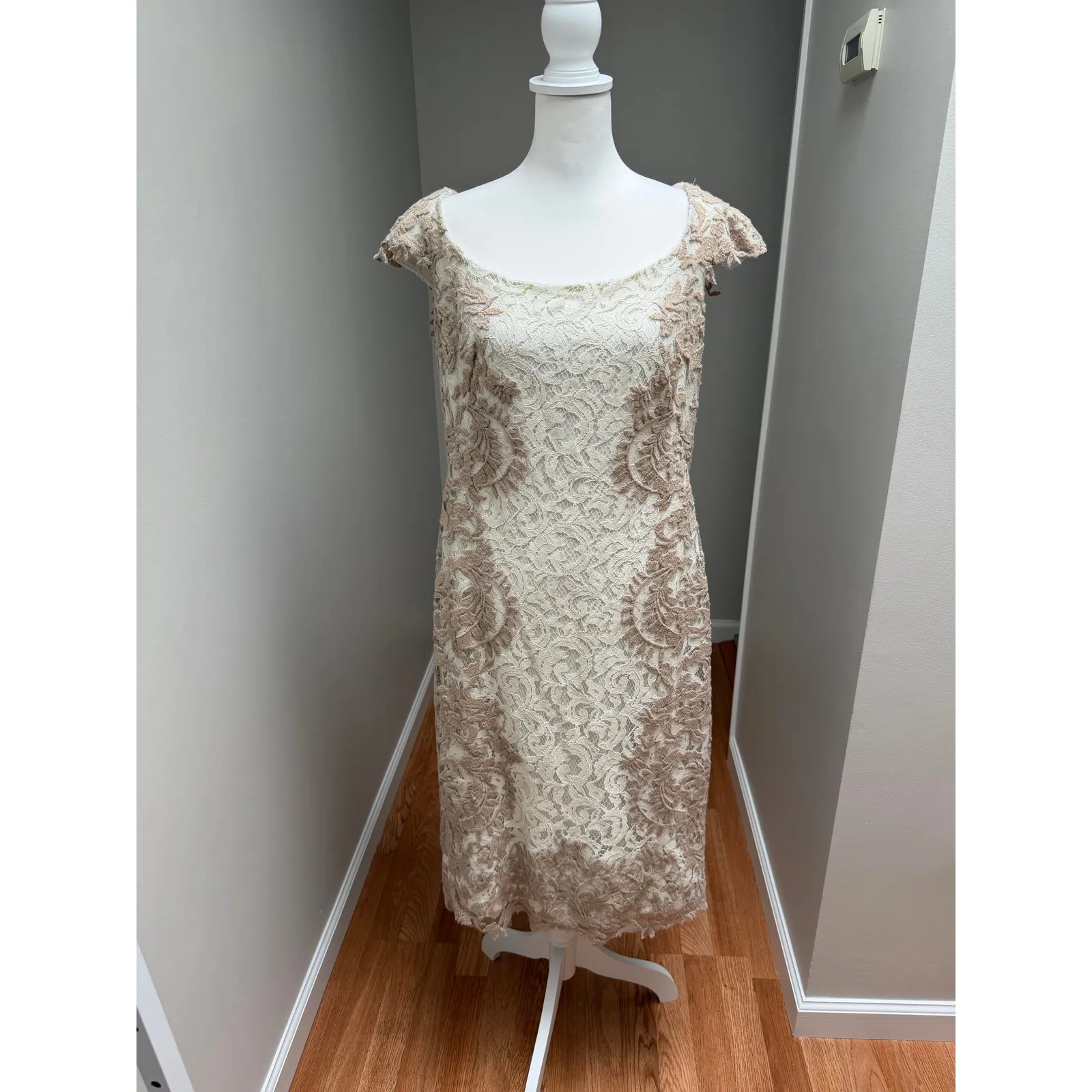 BHLDN Tadashi Shoji Catalina Lace Dress Womens L Ivory Nude Party Elegant Sheath - Image 3